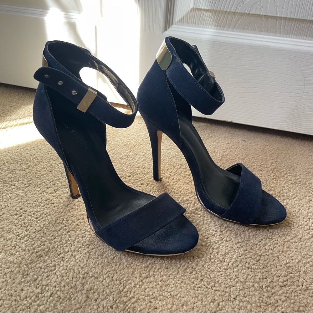 Blue and gold heels with ankle strap